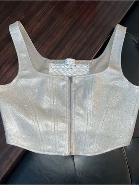 Wayf Silver Metallic Zip-Front Crop Top